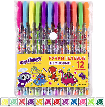 Ручки гелевые ЮНЛАНДИЯ, НАБОР 12 ЦВЕТОВ, НЕОН, корпус с печатью, узел 0,7 мм, линия письма 0,5 мм, 142806