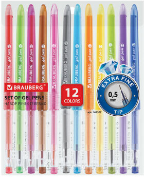 Ручки гелевые BRAUBERG DIAMOND, НАБОР 12 ЦВЕТОВ, узел 0,5 мм, линия письма 0,25 мм, 143377