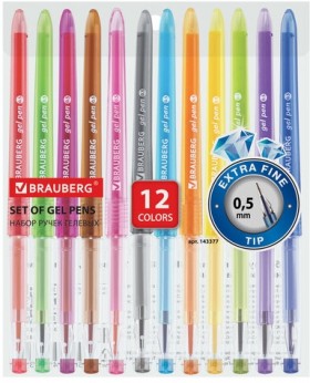 Ручки гелевые BRAUBERG DIAMOND, НАБОР 12 ЦВЕТОВ, узел 0,5 мм, линия письма 0,25 мм, 143377