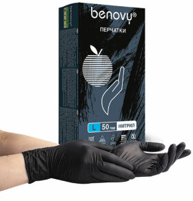 Перчатки нитриловые смотровые КОМПЛЕКТ 50 пар (100 шт.), размер L (большой), черные, BENOVY Nitrile MultiColor