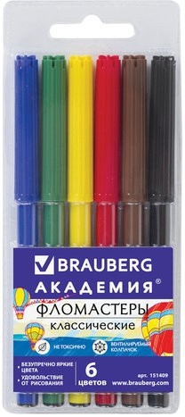 Фломастеры BRAUBERG "АКАДЕМИЯ", 6 цветов, вентилируемый колпачок, ПВХ упаковка, 151409