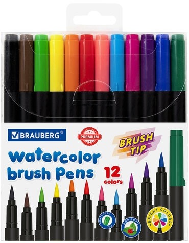Фломастеры с наконечником-кистью 12 цветов, вентилируемый колпачок, BRAUBERG "PREMIUM", 152195