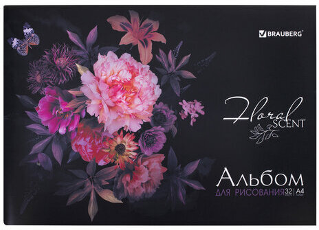 Альбом для рисования А4 32 л., скоба, обложка картон, BRAUBERG, 203х288 мм, "Цветы" (2 вида), 106697