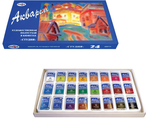 Краски акварельные художественные ГАММА "Студия", 24 цвета, кювета 2,5 мл, картонная коробка, 215001