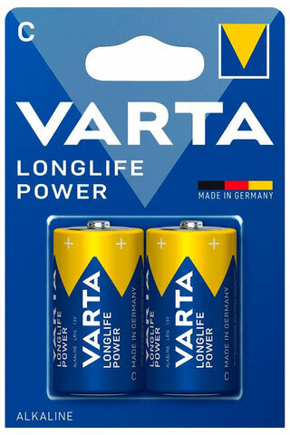 Батарейки алкалиновые КОМПЛЕКТ 2 шт., VARTA LONGLIFE POWER, C (LR14, 14А), блистер, 4914121412