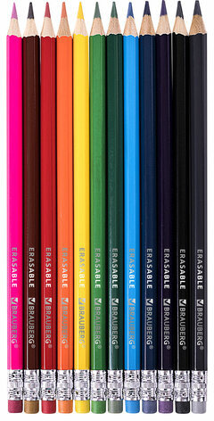 Карандаши цветные стираемые с ластиком BRAUBERG ERASABLE, 12 цветов, мягкий грифель 3 мм, 181932