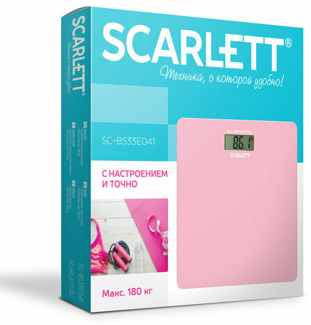 Весы напольные SCARLETT SC-BS33E041, электронные, вес до 180 кг, квадратные, стекло, розовые