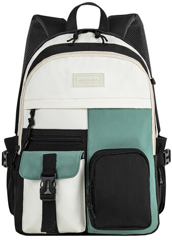 Рюкзак BRAUBERG BLOCKS универсальный, 2 отделения, карман-антивор, черный/бирюзовый/бежевый, 44х32х17 см, 271663