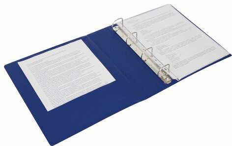 Папка на 4 кольцах с передним прозрачным карманом BRAUBERG, картон/ПВХ, 65 мм, синяя, до 400 листов, 223530