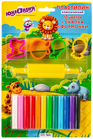 Пластилин со скалкой и формочками ЮНЛАНДИЯ 12 цв., 165 г, ВЫСШЕЕ КАЧЕСТВО,105859