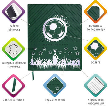 Дневник 1-11 класс 48 л., кожзам (гибкая), термотиснение, фольга, BRAUBERG, "Football", 106170