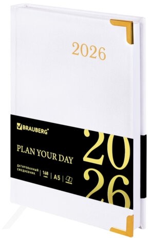 Ежедневник датированный 2026, А5, 138x213 мм, BRAUBERG "Senator", под кожу, белый, 117095