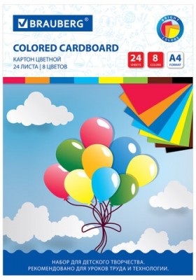 Картон цветной А4 немелованный, 24 листа 8 цветов, в папке, BRAUBERG, 200х290 мм, &quot;Шарики&quot;, 113558