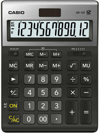 Калькулятор настольный CASIO GR-120-W (210х155 мм), 12 разрядов, двойное питание, черный, МЕТАЛЛИЧЕСКАЯ ВЕРХЯЯ ПАНЕЛЬ, GR-120-W-EP