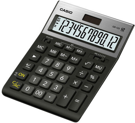 Калькулятор настольный CASIO GR-120-W (210х155 мм), 12 разрядов, двойное питание, черный, МЕТАЛЛИЧЕСКАЯ ВЕРХЯЯ ПАНЕЛЬ, GR-120-W-EP
