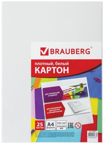 Картон белый А4 МЕЛОВАННЫЙ (глянцевый), 25 листов, BRAUBERG, 210х297 мм, 124021