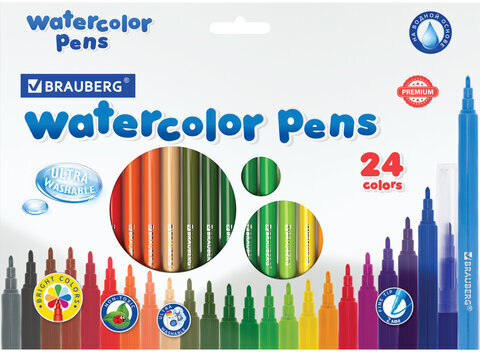 Фломастеры BRAUBERG "PREMIUM", 24 цвета, УЛЬТРАСМЫВАЕМЫЕ, классические, вентилируемый колпачок, картонная коробка с европодвесом, 151940
