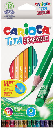 Карандаши цветные стираемые с резинкой CARIOCA &quot;Erasable&quot;, 12 цветов, пластик, шестигранные, заточенные, 42897