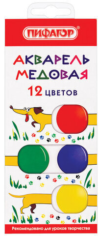 Краски акварельные медовые 12 цветов ПИФАГОР &quot;ВЕСЕЛАЯ ТАКСА&quot;, картонная коробка, 192007