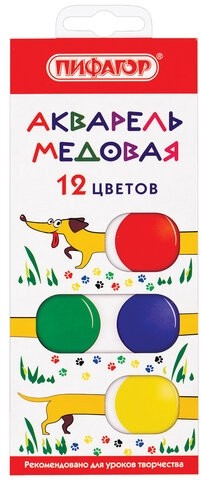 Краски акварельные медовые 12 цветов ПИФАГОР "ВЕСЕЛАЯ ТАКСА", картонная коробка, 192007