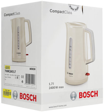Чайник BOSCH TWK3A017, 1,7 л, 2400 Вт, закрытый нагревательный элемент, пластик, бежевый