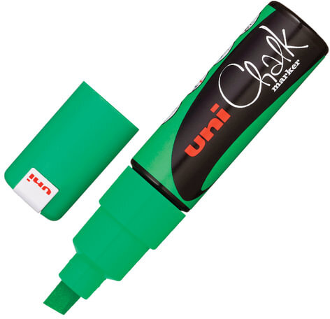Маркер меловой UNI "Chalk", 8 мм, ЗЕЛЕНЫЙ, влагостираемый, для гладких поверхностей, PWE-8K F.GREEN