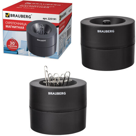 Скрепочница магнитная BRAUBERG с 30 скрепками, большой бочонок, черная, 225191
