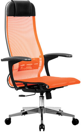 Кресло офисное МЕТТА "К-4-Т" хром, прочная сетка, сиденье и спинка регулируемые, оранжевое