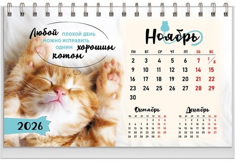 Календарь-домик настольный на гребне, 2026г, BRAUBERG, 160х110мм, 6 листов, Котики, 117296