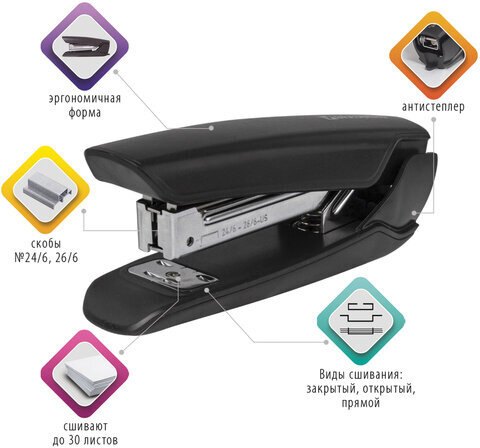 Степлер №24/6, 26/6 BRAUBERG "ULTRA", до 30 листов, с антистеплером, черный, 228756