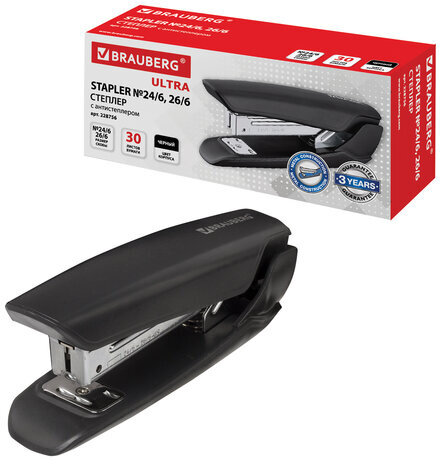 Степлер №24/6, 26/6 BRAUBERG "ULTRA", до 30 листов, с антистеплером, черный, 228756