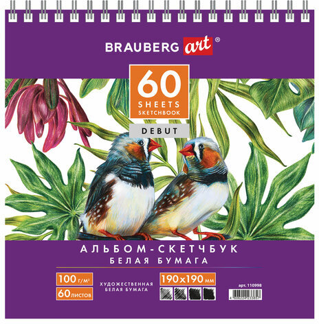 Скетчбук, белая бумага 100 г/м2, 190х190 мм, 60 л., гребень, жёсткая подложка, BRAUBERG ART DEBUT, 110998
