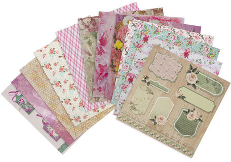 Бумага для скрапбукинга 15х15 см "Шебби-шик", двусторонняя, 12 листов, 12 дизайнов, 180 г/м2, ОСТРОВ СОКРОВИЩ, 662761