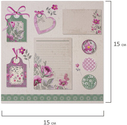 Бумага для скрапбукинга 15х15 см "Шебби-шик", двусторонняя, 12 листов, 12 дизайнов, 180 г/м2, ОСТРОВ СОКРОВИЩ, 662761