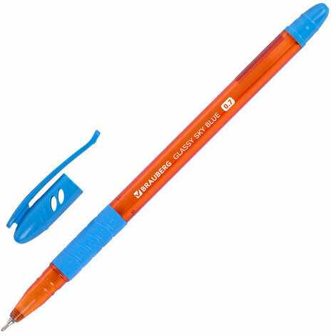 Ручка шариковая масляная с грипом BRAUBERG GLASSY SKY BLUE, СВЕТЛО-СИНЯЯ, узел 0,7 мм, линия письма 0,35 мм, 144107