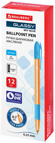 Ручка шариковая масляная с грипом BRAUBERG GLASSY SKY BLUE, СВЕТЛО-СИНЯЯ, узел 0,7 мм, линия письма 0,35 мм, 144107