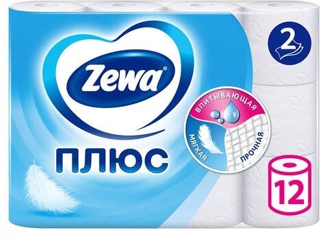 Бумага туалетная 2-х слойная, 12 рулонов (12х23 м), белая, ZEWA Plus, 144090