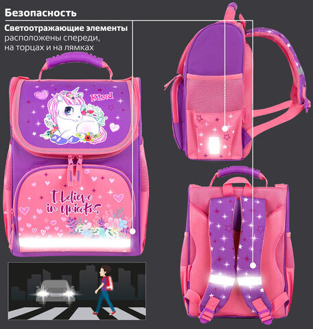 Ранец ПИФАГОР BASIC, 1 отделение, 3 кармана, эргономичная спинка, "Happy unicorn", 35х28х18 см, 271372