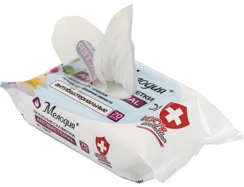 Салфетки влажные 70 шт., АНТИБАКТЕРИАЛЬНЫЕ, МЕЛОДИЯ, 129897