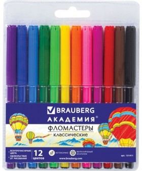 Фломастеры BRAUBERG "АКАДЕМИЯ", 12 цветов, вентилируемый колпачок, ПВХ упаковка, 151411