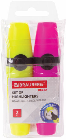 Набор текстовыделителей BRAUBERG 2 шт., ЖЕЛТЫЙ/РОЗОВЫЙ, "DELTA", линия 1-5 мм, 151726