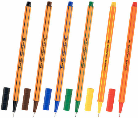 Ручки капиллярные (линеры) 6 ЦВЕТОВ, BRAUBERG "FINE 040", шестигранные, линия 0,4 мм, 144141
