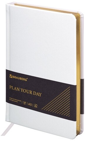 Ежедневник недатированный А5 138х213 мм, BRAUBERG "Iguana", под кожу, 160 л., белый, 114458