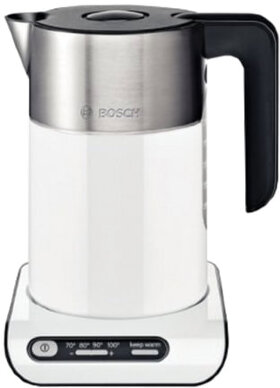 Чайник BOSCH TWK8611P, 1,5 л, 2400 Вт, закрытый нагревательный элемент, нержавеющая сталь, белый