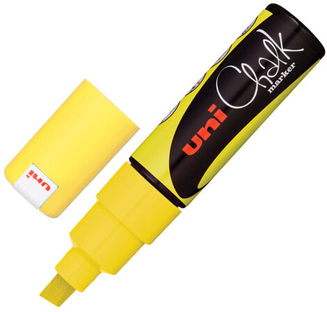 Маркер меловой UNI "Chalk", 8 мм, ЖЕЛТЫЙ, влагостираемый, для гладких поверхностей, PWE-8K F.YELLOW