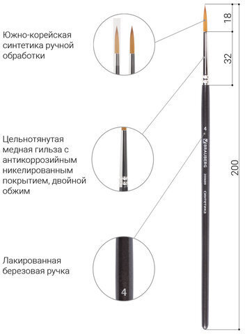 Кисть художественная проф. BRAUBERG ART CLASSIC, синтетика мягкая под колонок, кругл, № 4, кор руч, 200689