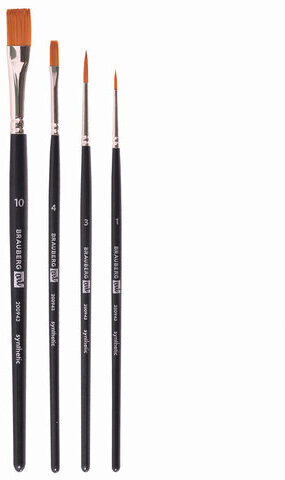 Кисти художественные BRAUBERG ART, набор 4 штуки, синтетика, (круглые № 1, 3, плоские № 4, 10), 200943