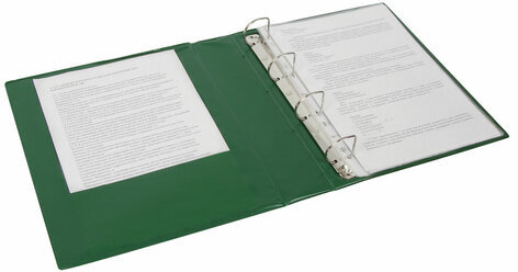 Папка на 4 кольцах с передним прозрачным карманом BRAUBERG, картон/ПВХ, 65 мм, зеленая, до 400 листов, 223532