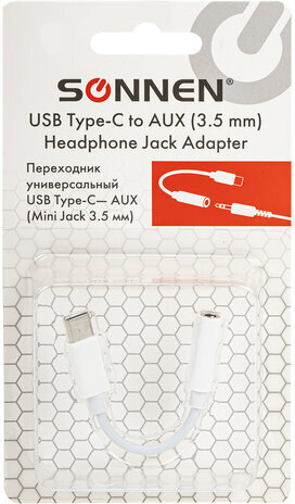 Переходник для наушников с Type-C на AUX (MINI JACK 3.5 мм), SONNEN, 0,1 м, белый, 513566