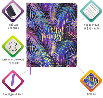 Дневник 1-11 класс 48 л., кожзам (гибкая), печать, фольга, BRAUBERG, "Тропики", 106173